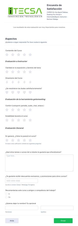 Encuesta De Satisfacción De Curso "Tableau Desktop Pro Inicial E Intermedio"