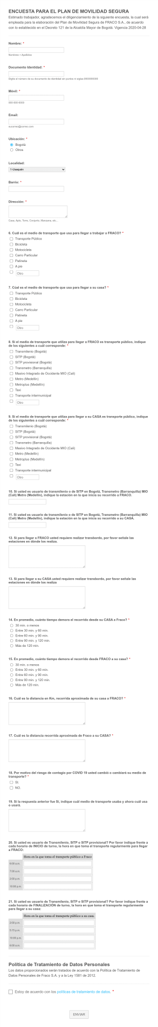 Encuesta Para El Plan De Movilidad Segura Form Template