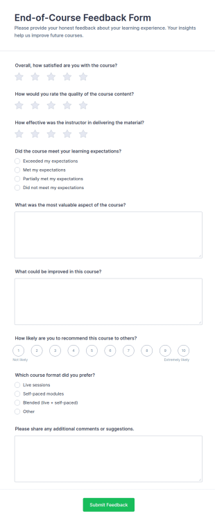 End Of Course Feedback Form Template