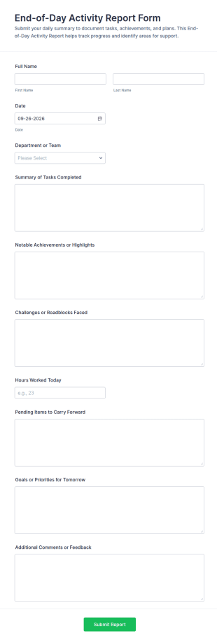 End Of Day Activity Report Form Template