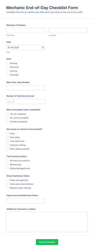 End Of Day Checklist Form Template