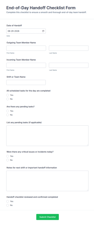End Of Day Handoff Checklist Form Template