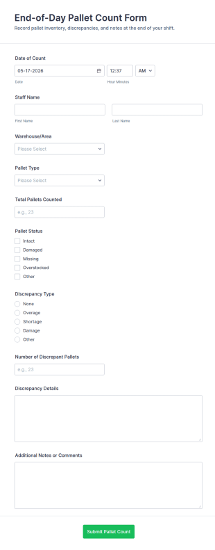 End Of Day Pallet Count Form Template