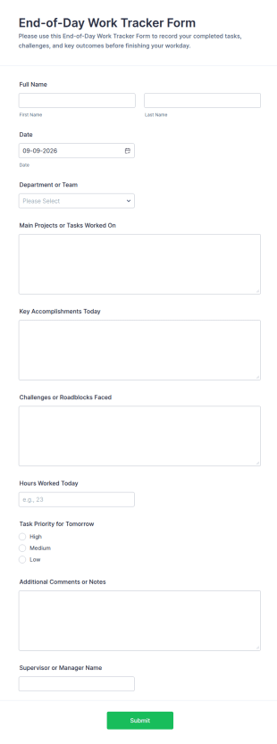 End Of Day Work Tracker Form Template
