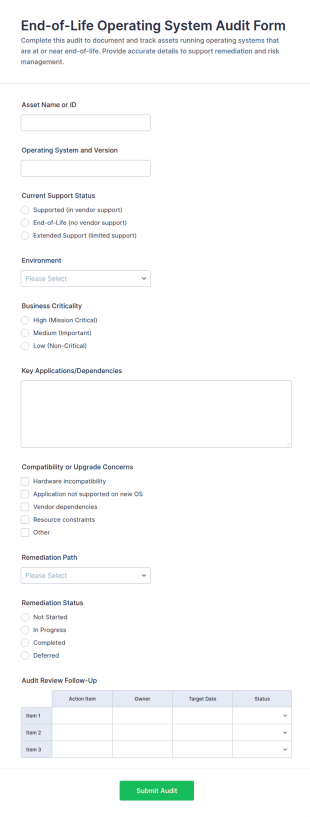 End Of Life Operating System Audit Form Template