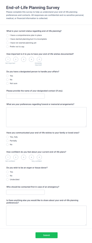 End Of Life Planning Survey Form Template