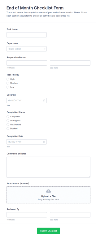 End Of Month Checklist Form Template