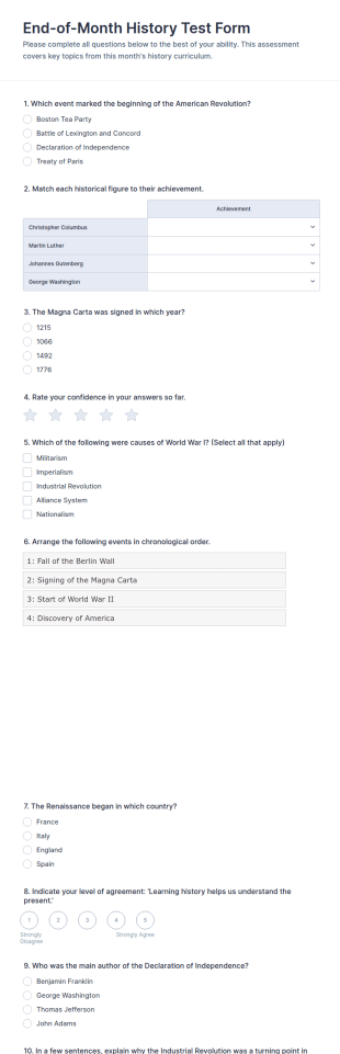 End Of Month History Test Form Template