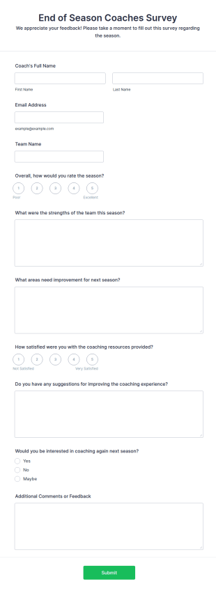 End Of Season Coaches Survey Form Template