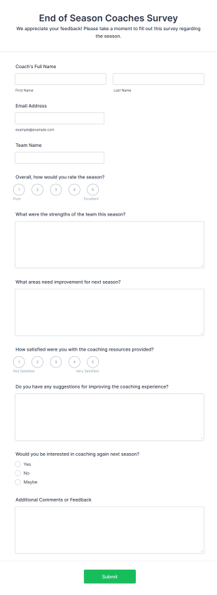 End Of Season Coaches Survey Form Template