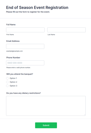 End Of Season Event Registration Form Template