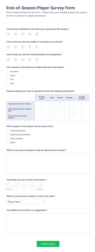 End Of Season Player Survey Form Template
