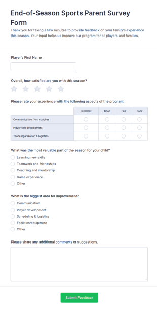 End Of Season Sports Parent Survey Form Template