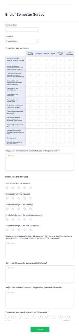 End Of Semester Survey Form Template