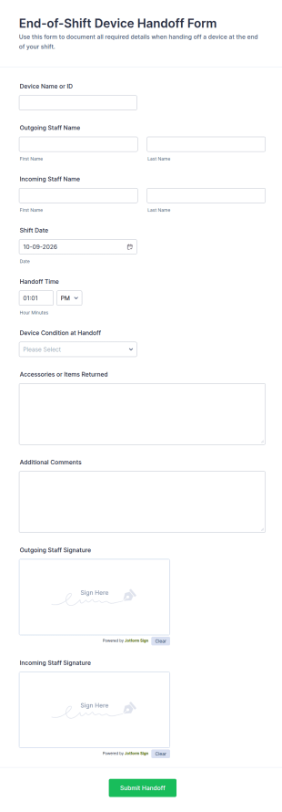 End Of Shift Device Handoff Form Template