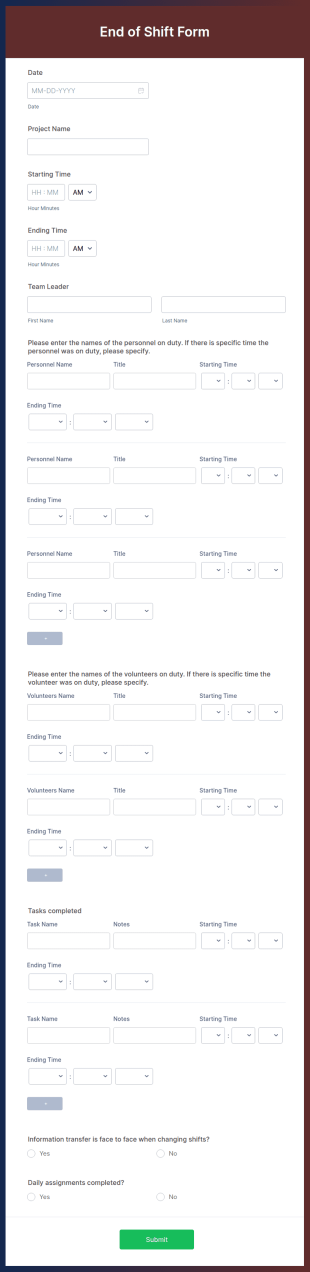 End Of Shift Form Template