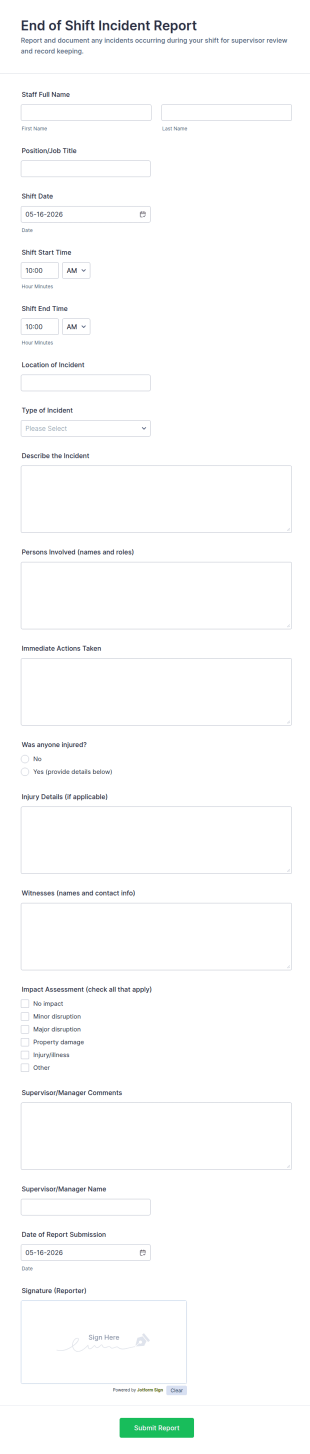End Of Shift Incident Report Form Template
