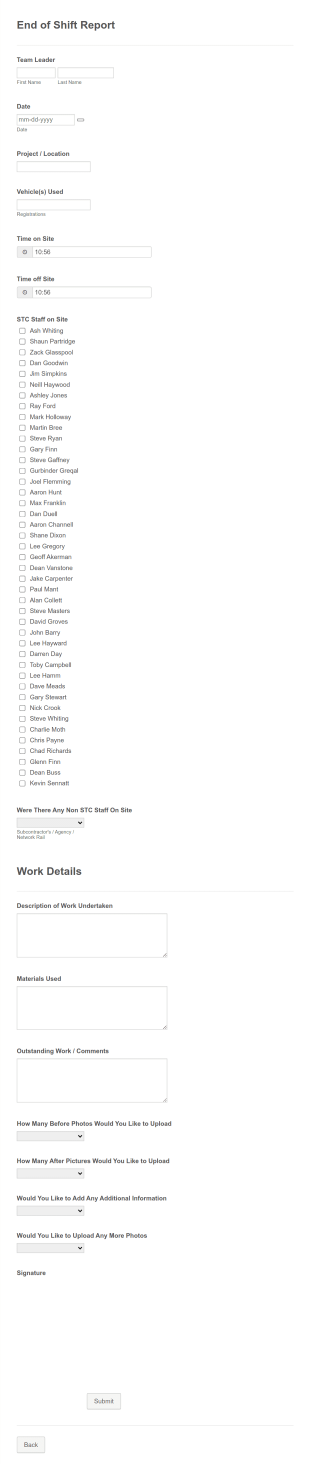 End Of Shift Report Form S&T Cover