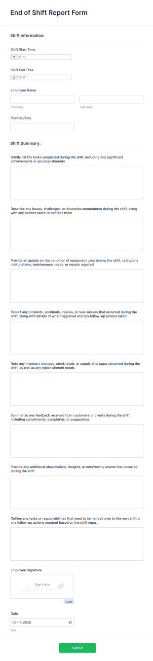 End Of Shift Report Form Template