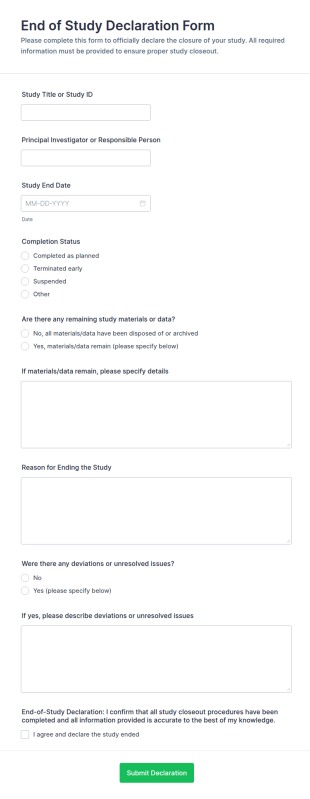 End Of Study Declaration Form Template
