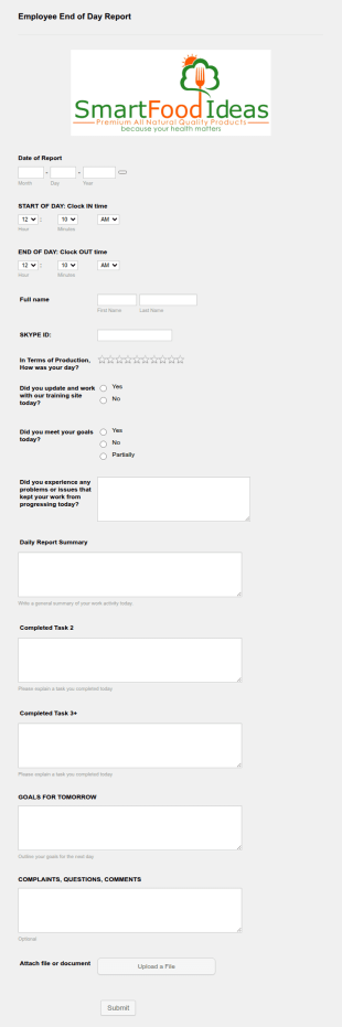 End Of Work Day Report Form Template