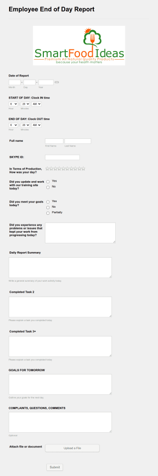 End Of Work Day Report Form Template