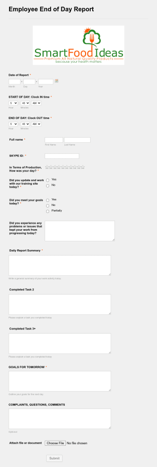 End Of Work Day Report Form Template