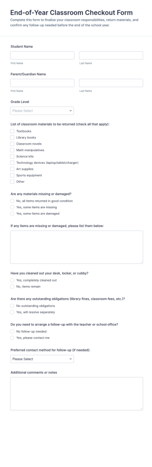 End Of Year Classroom Checkout Form Template