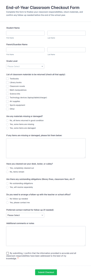 End Of Year Classroom Checkout Form Template