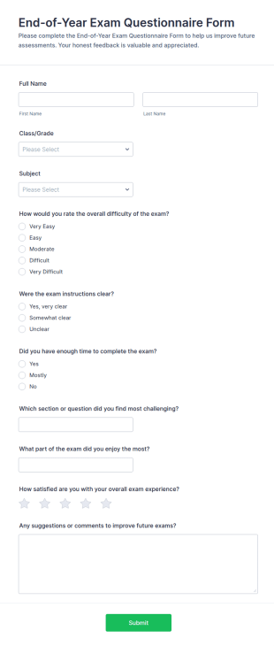 End Of Year Exam Questionnaire Form Template