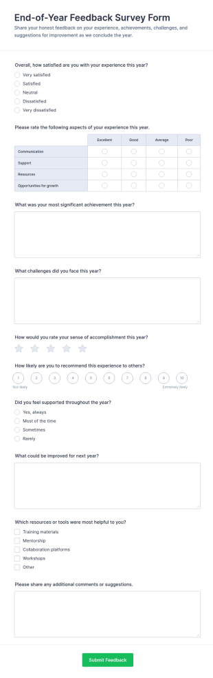 End Of Year Feedback Survey Form Template