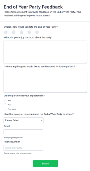 End Of Year Party Feedback Form Template