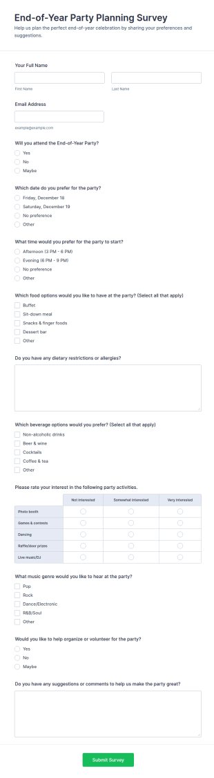 End Of Year Party Planning Survey Form Template