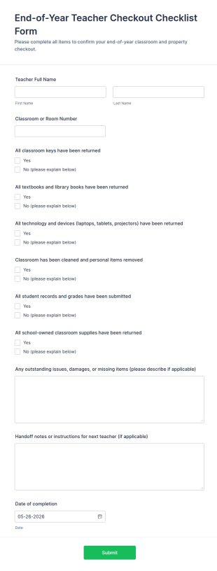 End Of Year Teacher Checkout Checklist Form Template