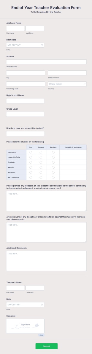 End Of Year Teacher Evaluation Form Template