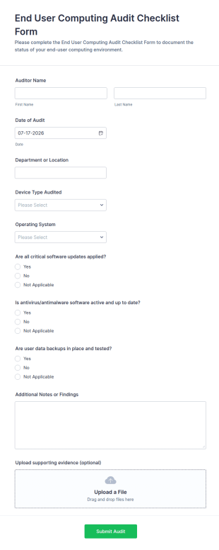 End User Computing Audit Checklist Form Template