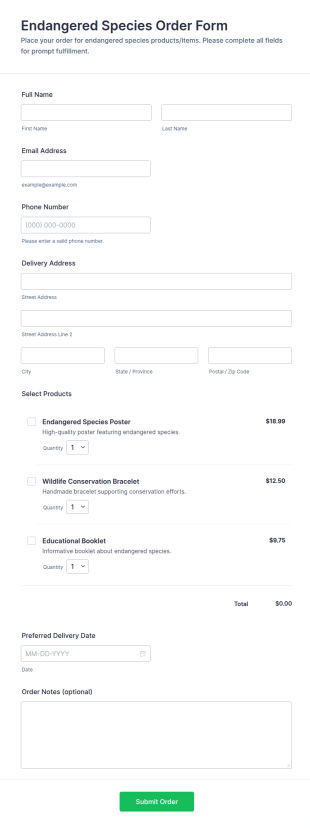 Endangered Species Order Form Template
