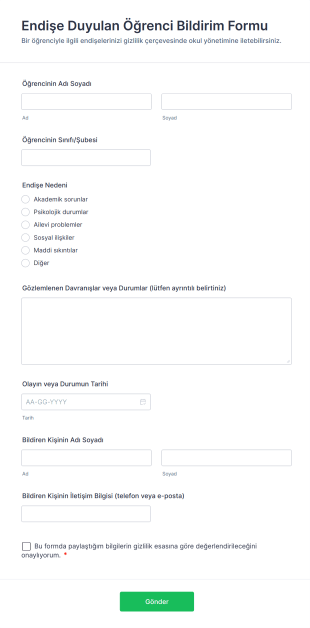 Endişe Duyulan Öğrenci Bildirim Form Template