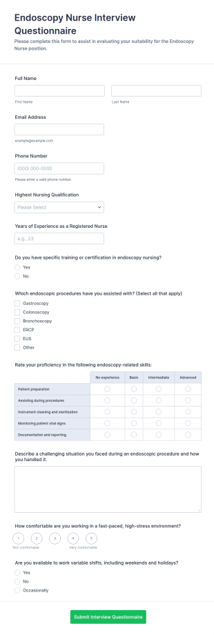 Endoscopy Nurse Interview Questionnaire Form Template