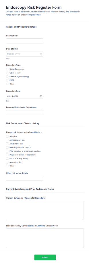 Endoscopy Risk Register Form Template