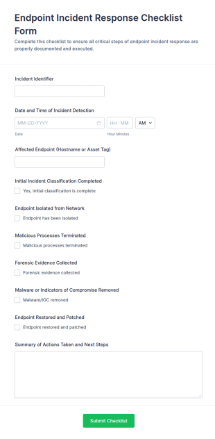 Endpoint Incident Response Checklist Form Template