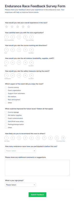 Endurance Race Feedback Form Template