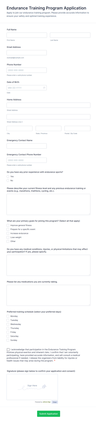 Endurance Training Program Application Form Template