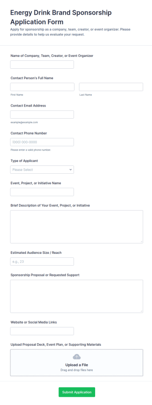 Energy Drink Brand Sponsorship Application Form Template