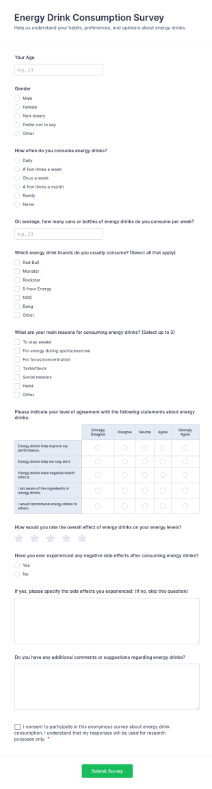 Energy Drink Consumption Survey Form Template
