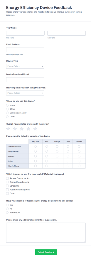 Energy Efficiency Device Feedback Form Template
