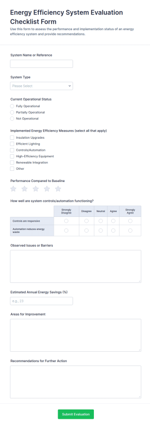 Energy Efficiency System Evaluation Checklist Form Template