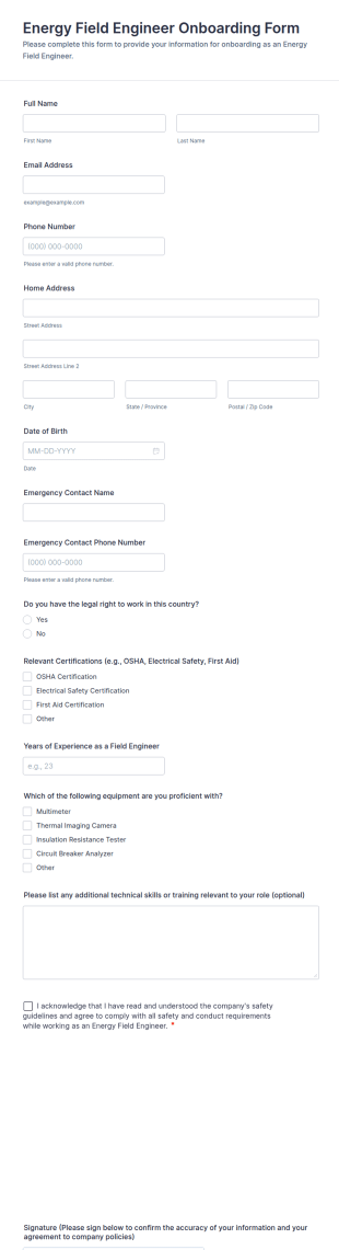 Energy Field Engineer Onboarding Form Template