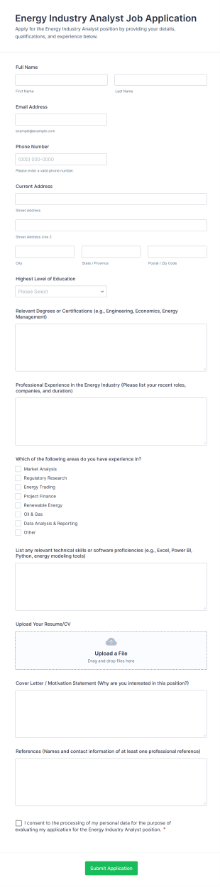 Energy Industry Analyst Job Application Form Template