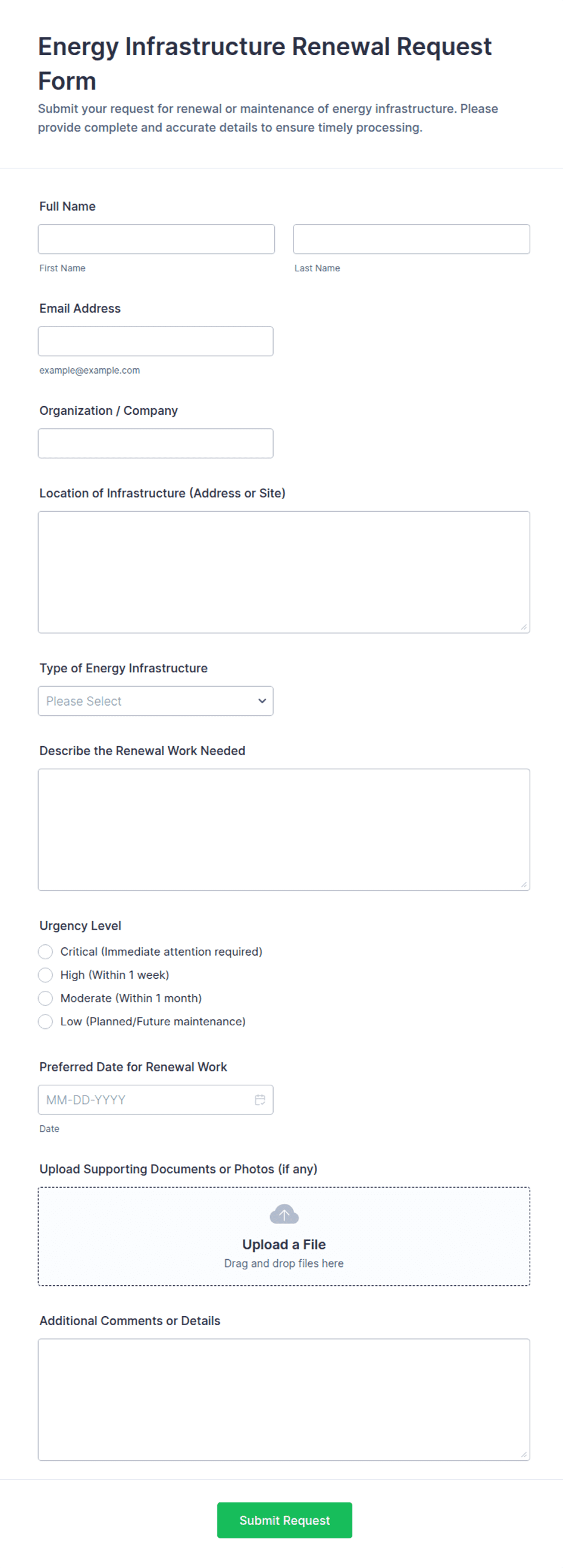 Energy Infrastructure Renewal Request Form Template | Jotform